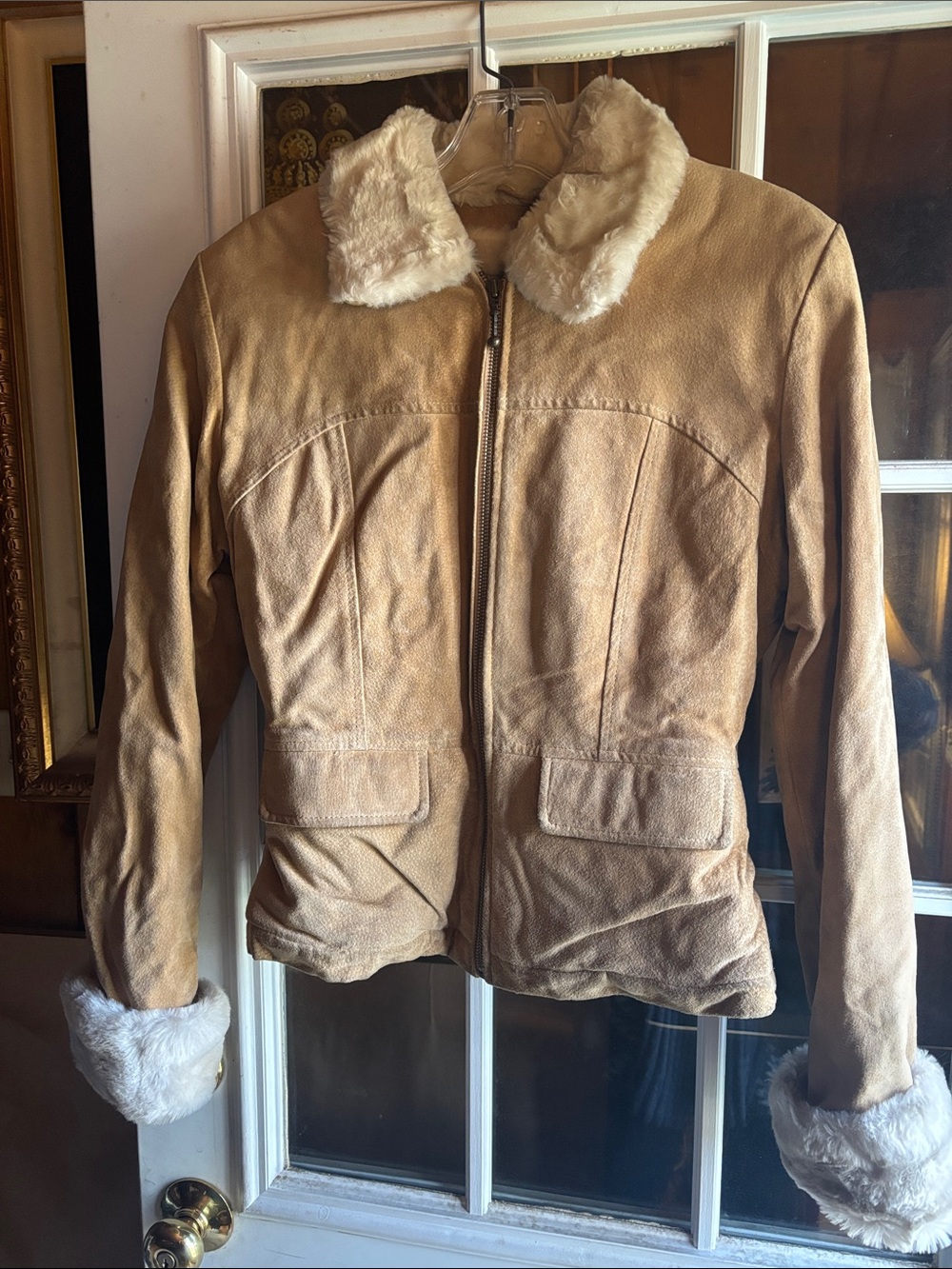 Wilsons Leather Tan Faux-Suede Teddy Jacket with Cream Faux-Fur Trim